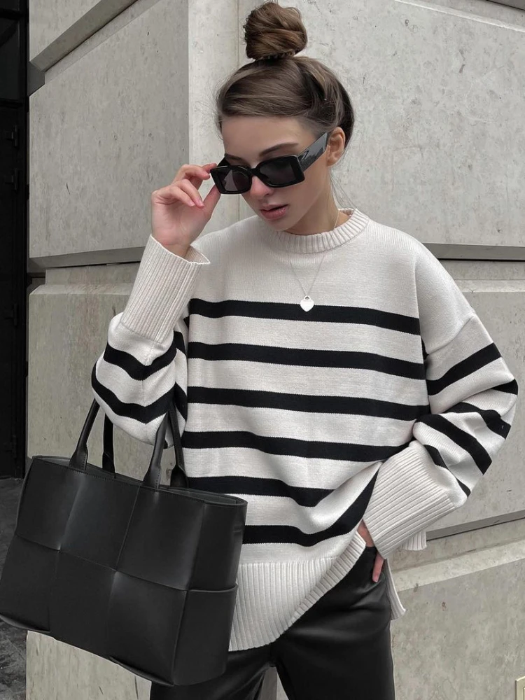 

Sweater Winter OverSized Stripe Warm Soft Sweater Women Loose Casual Pullovers Autumn Knit Pullover Sweater Female Jumper