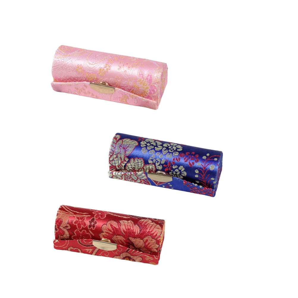 3PCS Chinese Lipstick Box Satin Silky Fabric Lip Balm Holder Case Embroider Makeup Organizer Bag Case for Woman Jewelry Storage
