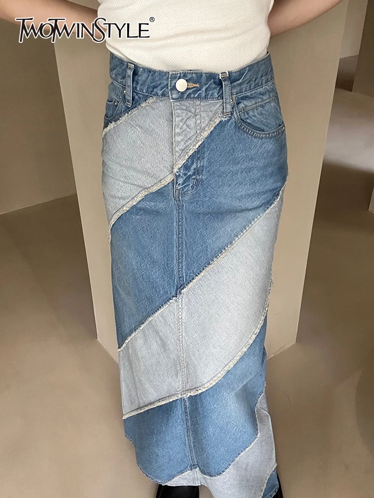

TWOTWINSTYLE Hit Color Denim Skirts For Women High Waist Patchwork Tassel Straight Vintage Split Skirt Female Fashion Clothing