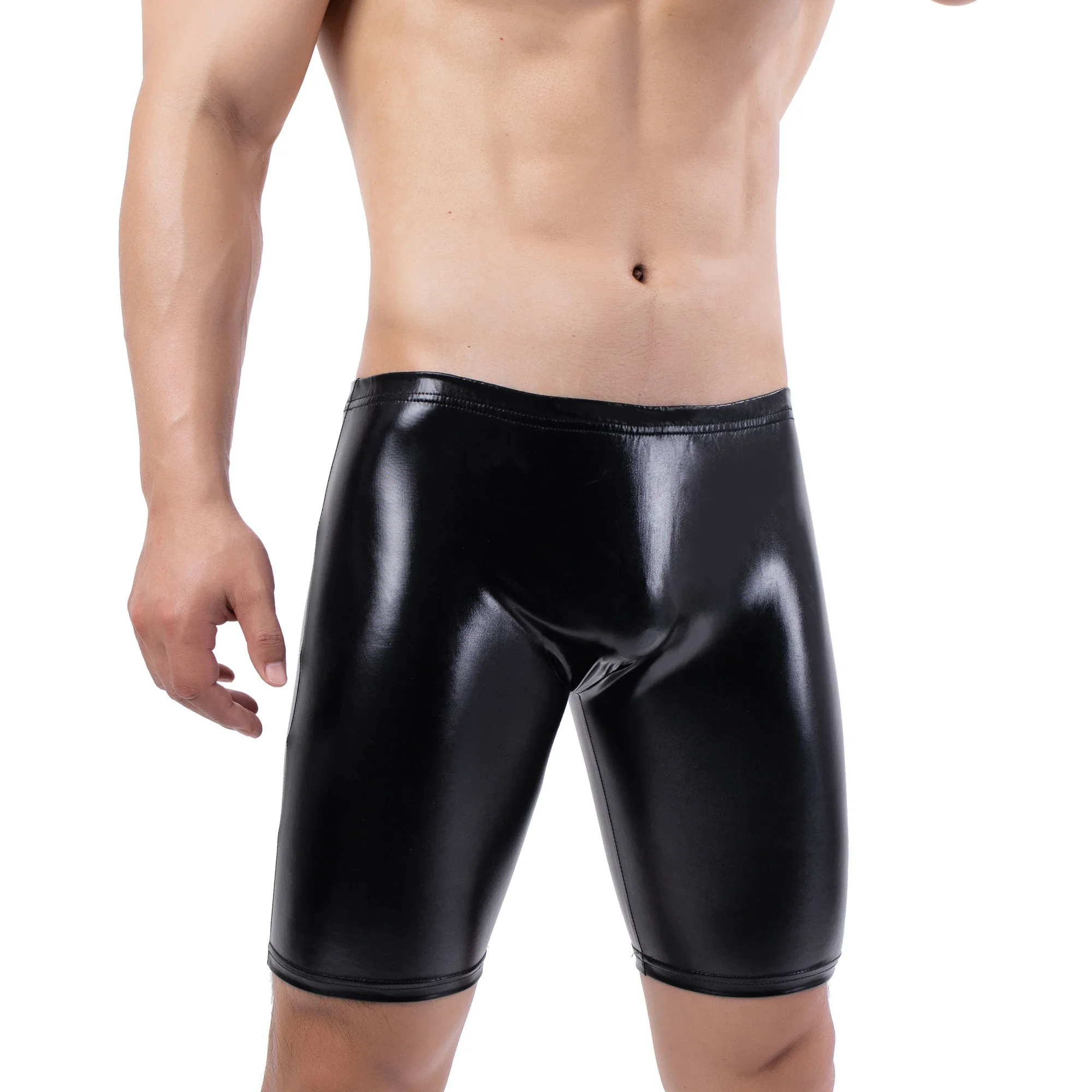 YUFEIDA Men PU Leather Short Pants Underwear Boxers Shorts Black Faux Leather Boxershorts Man U Convex Pouch Long Leg Underpants