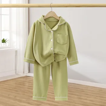 Children Cotton Underwear Set Boy Baby Clothe Girl Button Down Sleepwear Loungewear Spring Fall Kid Long Sleeve Pajama 2pcs Suit 4