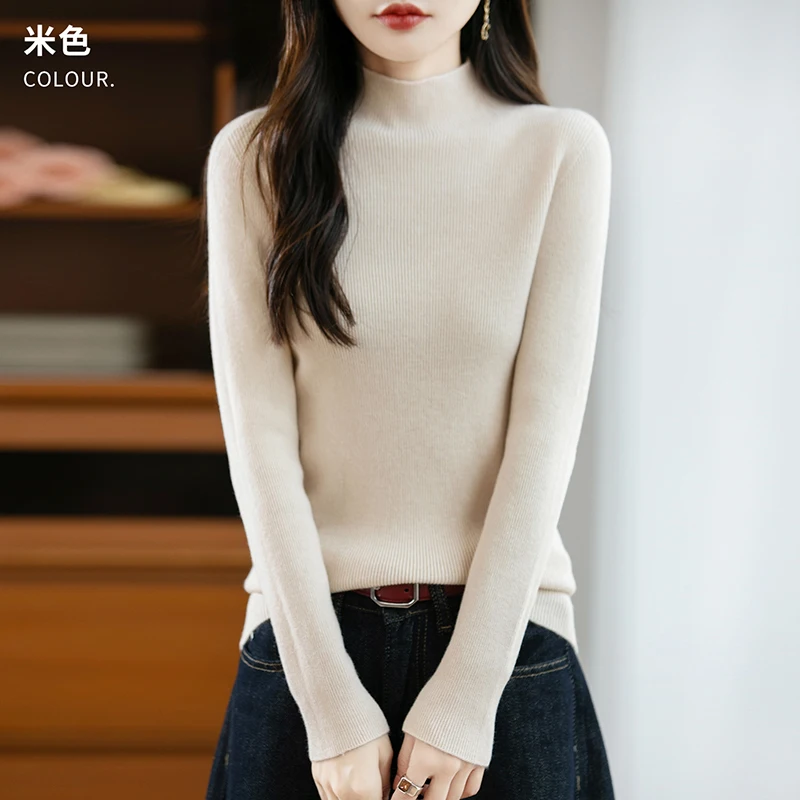 Autumn Winter Semi High Neck Women's New Wool Knitted Sweater, Tight Fitting, High Elasticity, Versatile Long Sleeved Top Korean 6