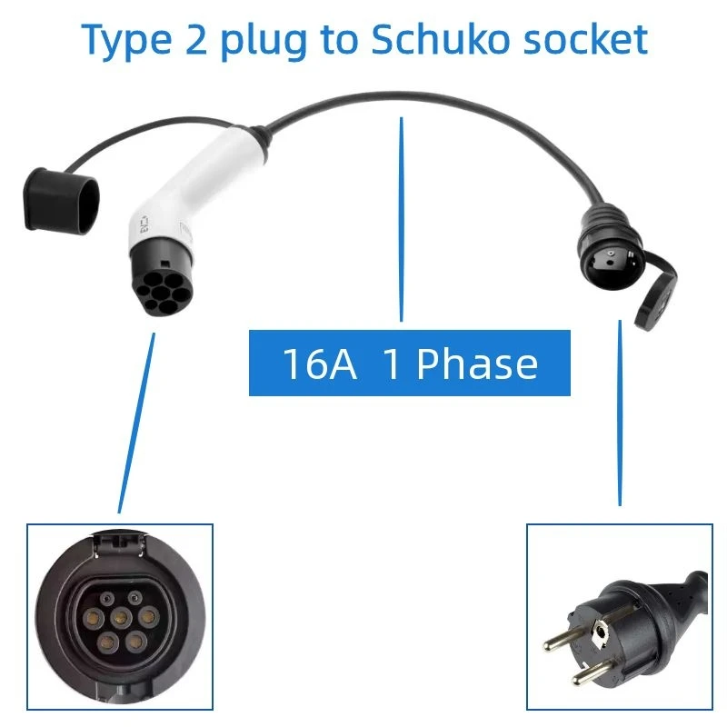 

Type 2 Male Plug to Schuko socket Electric Car Vehicle Charging Connector 16A Single Phase 0.5 Meters Cable Portable EV Charger