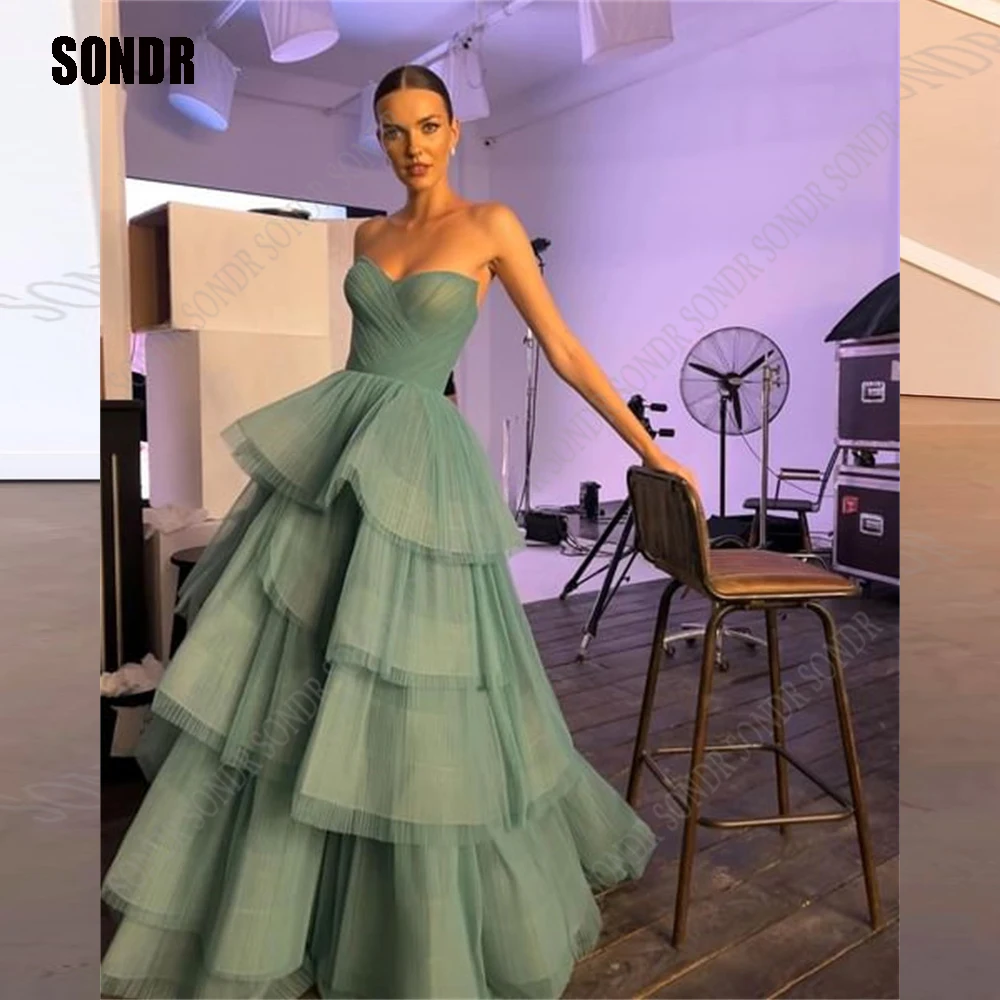 

SONDR Dusty Green Long Tulle Evening Dresses Sleeveless Custom Pleat Tiered Prom Dress Celebrity Party Gowns 2023 Ball Gown