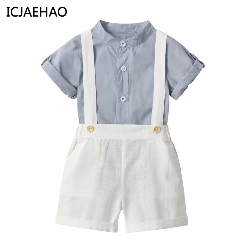

ICJAEHAO 2024 детская одежда с перекрестными краями Летний Новый костюм для мальчиков синяя рубашка с короткими рукавами шорты на бретелях джентльменские комплекты из двух предметов