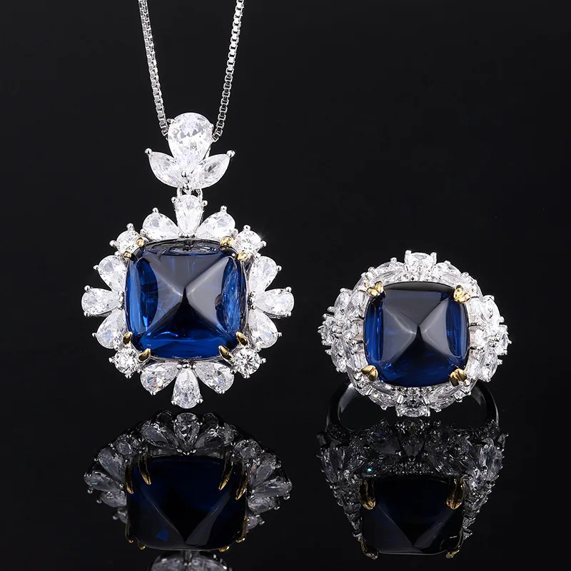 

Elegant Lab Created Sugar Tower Sapphire S925 Sterling Silver Jewelry Set For Women Necklace Ring Free Shipping Anniversary Gift