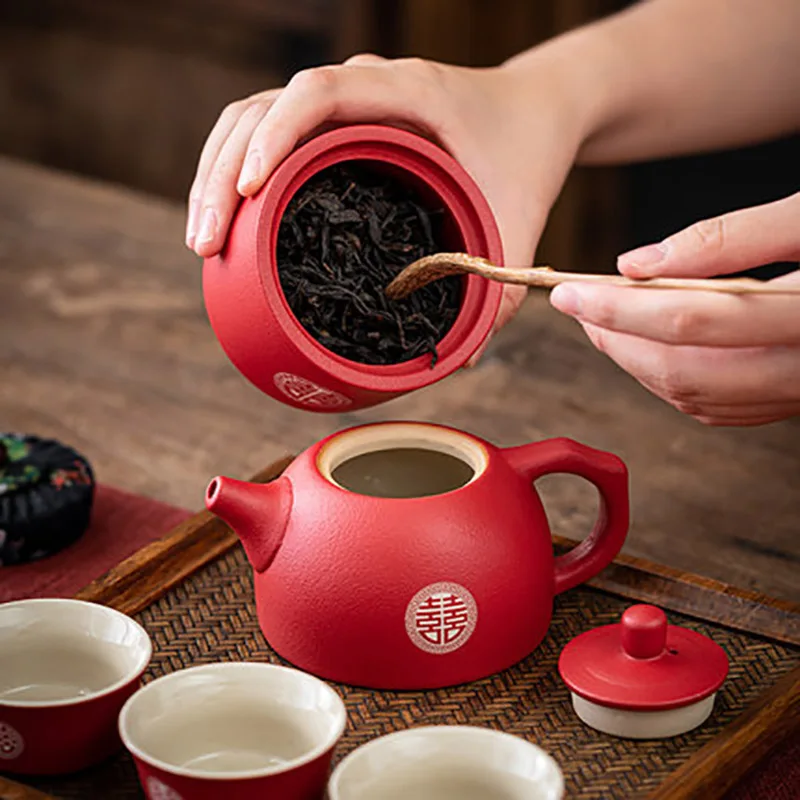 Ceramic Red Wedding Tea Set, Teaware, Porcelain Chinese Teapot, Caddy Cup, Double Happiness Kettle with Gift Box, Party Banquet