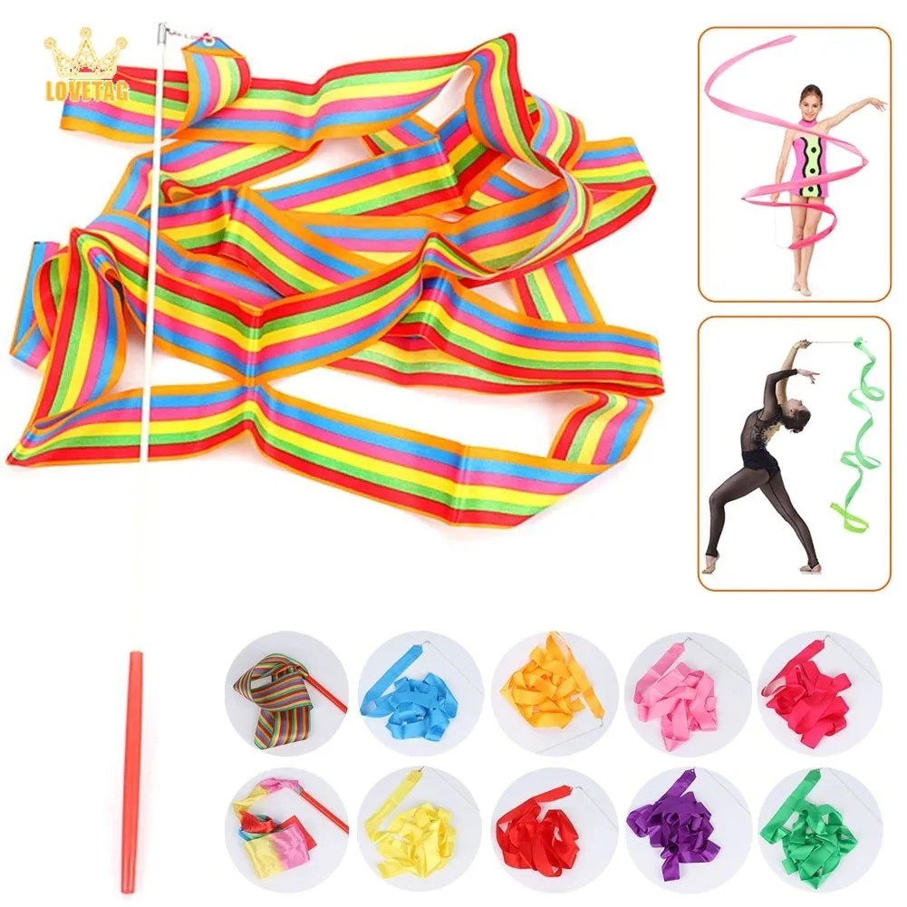 Colorful 2m/4m Ribbons Dance Gym Ribbon Rhythmic Art Gymnastics Ballet Streamer Twirling Rod Rainbow Stick For Training Sports
