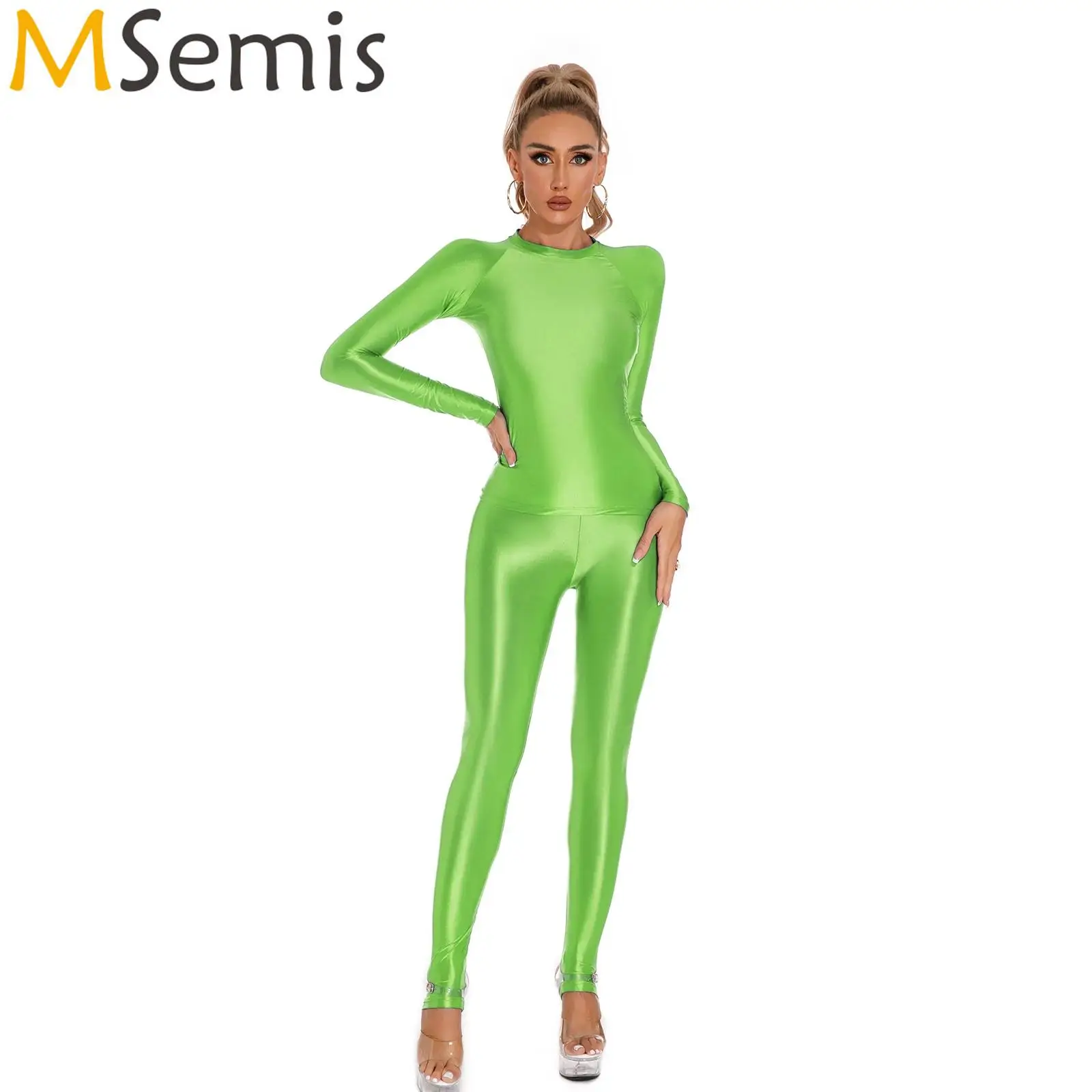 

Womens Glossy Yoag Fitness Long Sleeve T-shirt Top with High Waist Stirrup Leggings Gymnastics Tights Slim Fit Yoga Sportswear