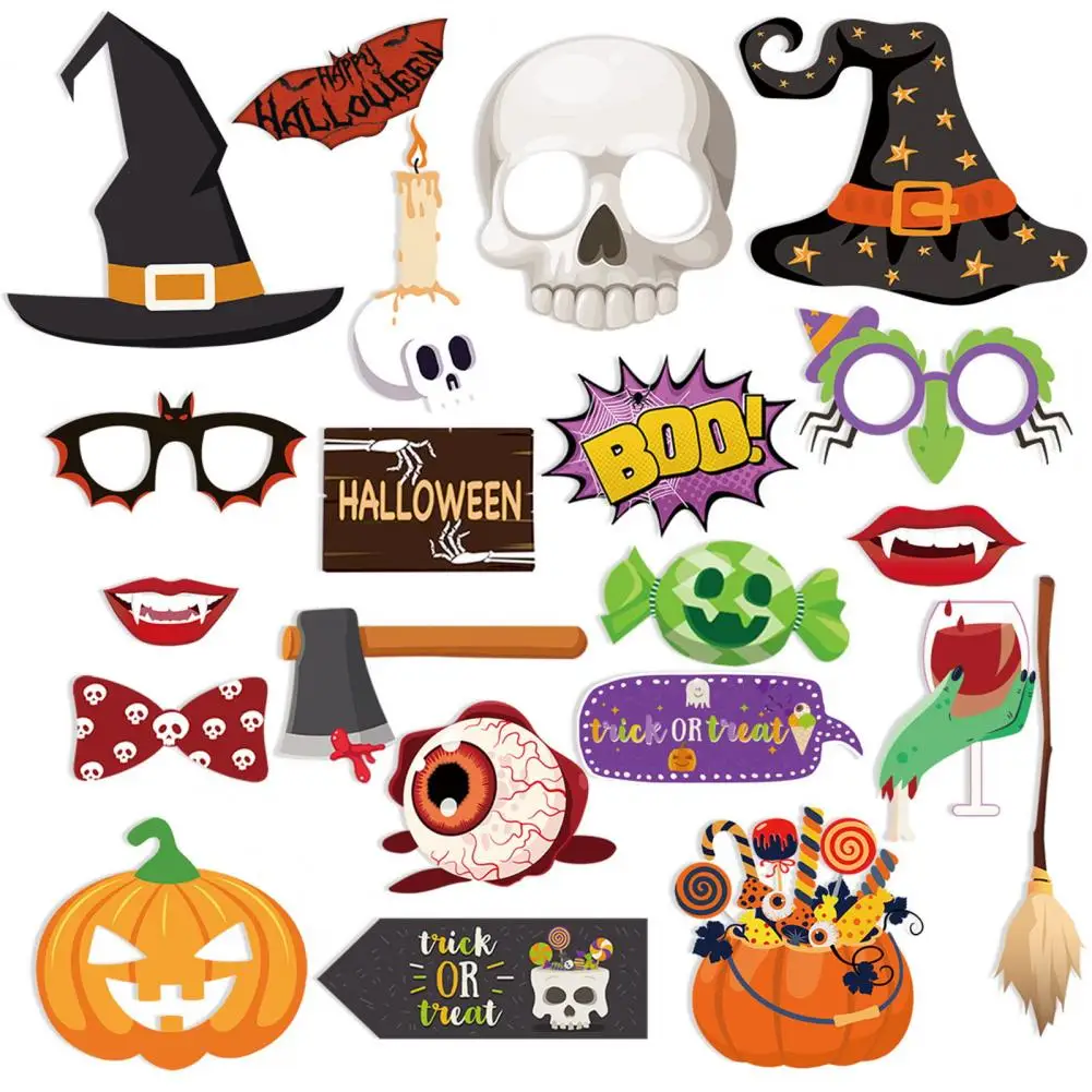 

20 Pcs Halloween Paper Photo Booth Props, Spooky Creepy,Different Shapes,Fangs Skull Witch Hat Card With Sticks