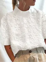 Chemise Blouse Femme Été 2026 en Coton et Lin Blanc, Nouvelle Collection, Élégante, Unie, Dentelle Ajourée, Décontractée, Style Urbain, Chemise de Bureau Basique 1