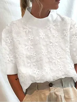 2026 White Cotton Linen Summer New Women Blouse Shirt Elegant Solid Lace Hollow Out Casual Streetwear Office Basic Shirts Tops 1