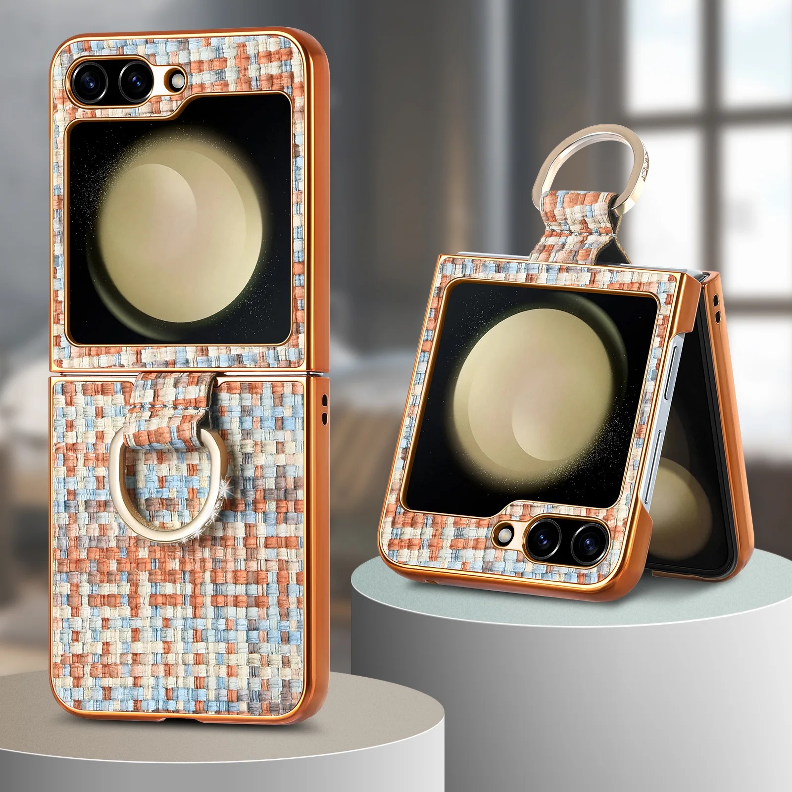 

Plating Woven Texture Phone Case For Samsung Galaxy Z Flip 5 Ring Bracket Magsafe Wireless Charging PU Leather Anti-fall Shell