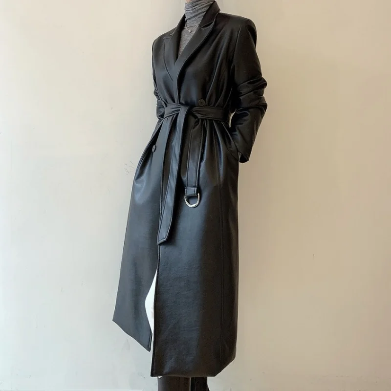 PU Leather Women's Trench Coat Vintage Notched Collar Double-breasted Belted Overcoat Causal Long Leather Jacket chaqueta cuero