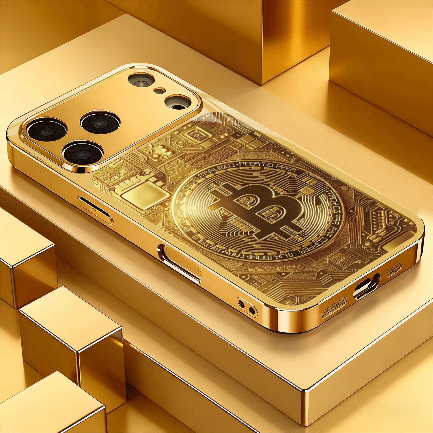 Luxurious Gold Electroplated Glass Phone Case with Bitcoin Design