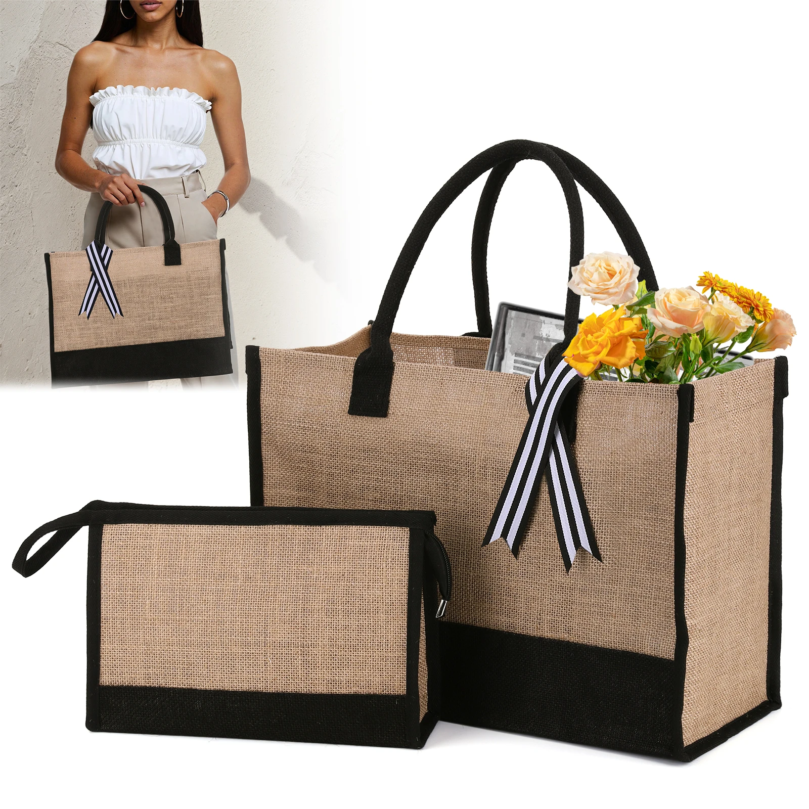Women Jute Tote Bag Jute Beach Bag Large Capacity with Pouch Reusable Gift Tote Bag Commuting Bag for Wedding Birthday Holiday