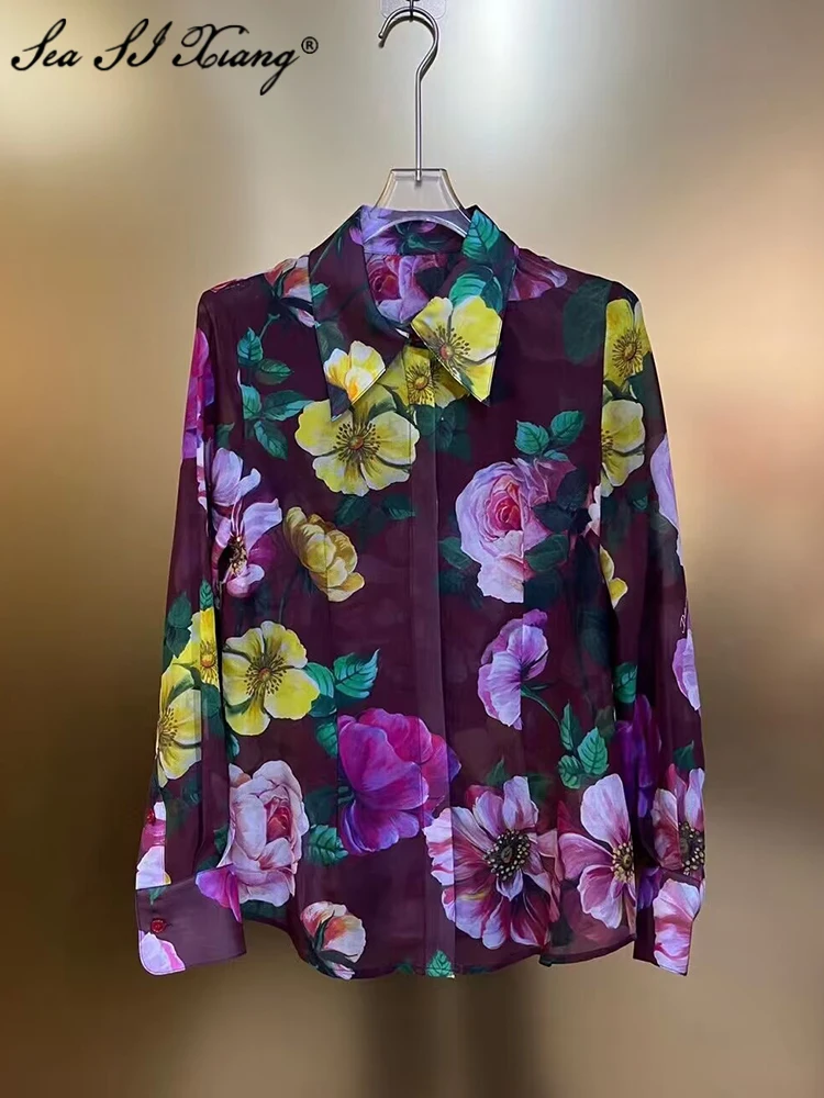 

Seasixiang Designer Summer Silk Shirts Women's Turn-down Collar Long Sleeve Flower Print Office Lady Single Breasted Shirts
