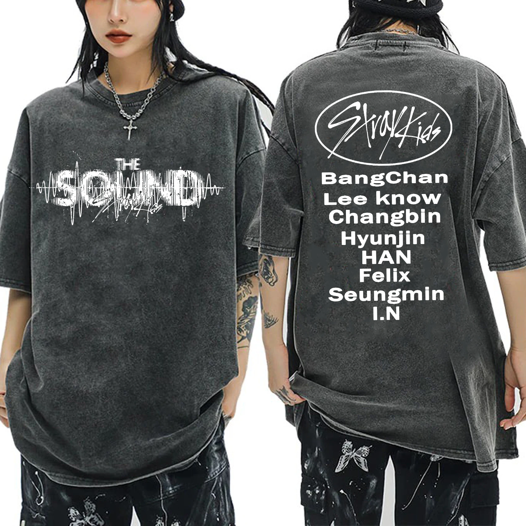 

2023 Stray Kids The Sound Hip Hop Vintage Washed Kpop Retro T Shirts for Women Men Streetwear T-Shirt