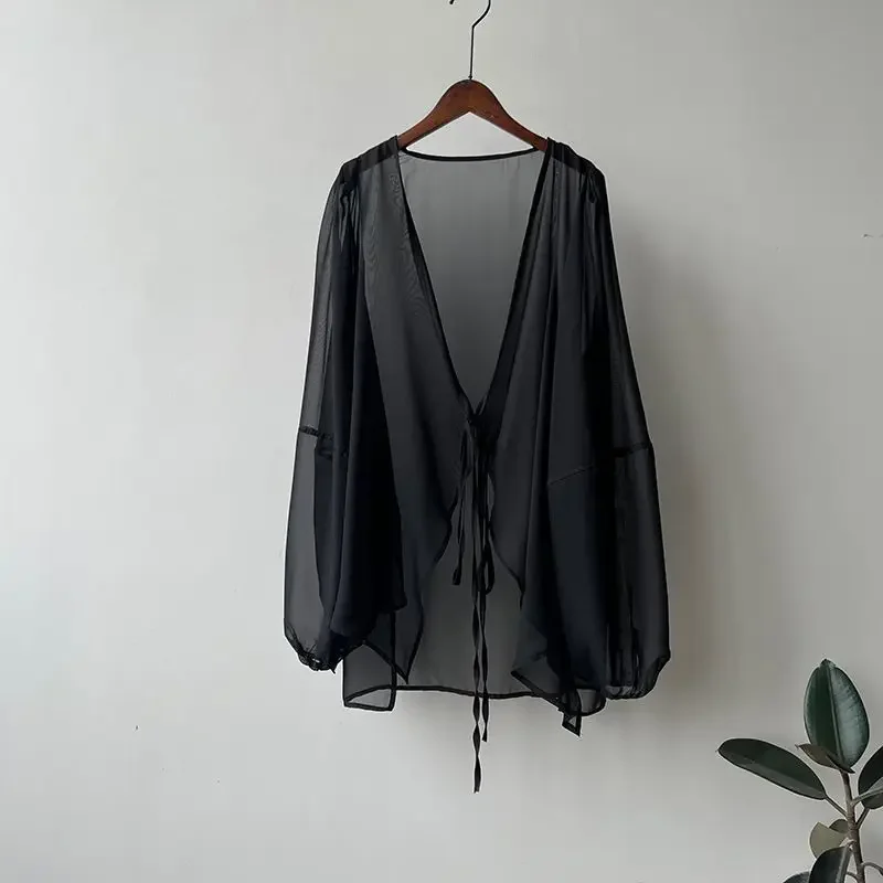 Summer New Solid Color Fashion Long Sleeve Thin Style Coat Women High Street Casual Lacing Button Cardigan Elegant All-match Top