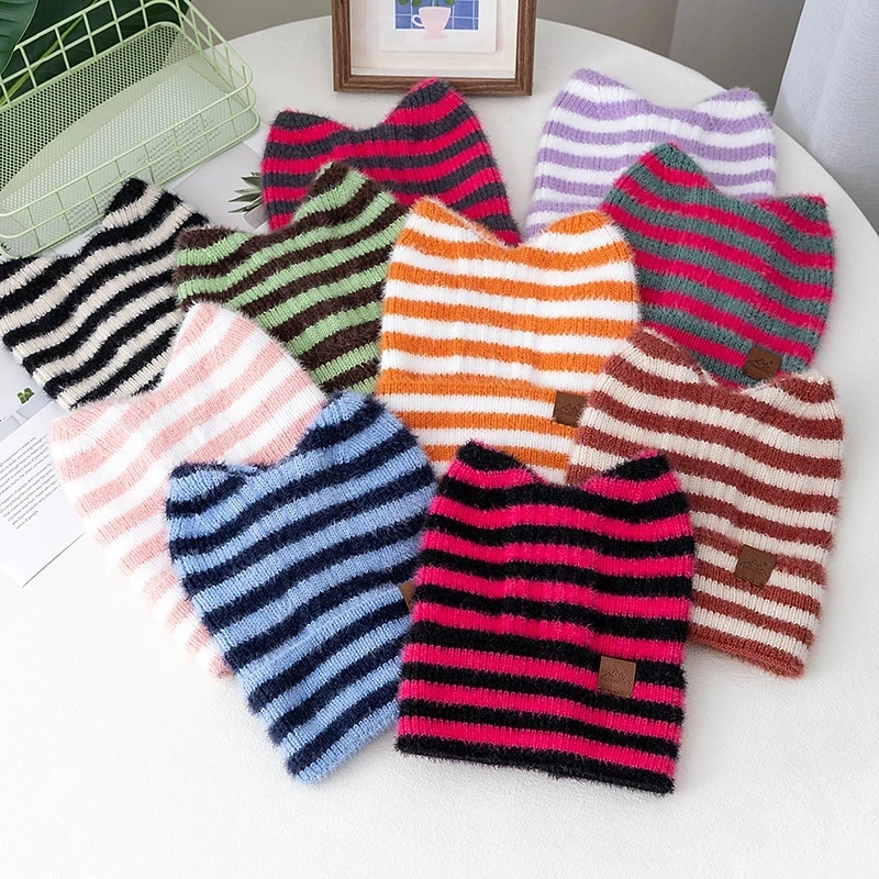 Hot Sale Women Y2K Beanie Hat Soft Warm Beanie With Cat Ear Stripes Design Fashion Outdoor Warm Hat Beanie Warm Cap For Girl