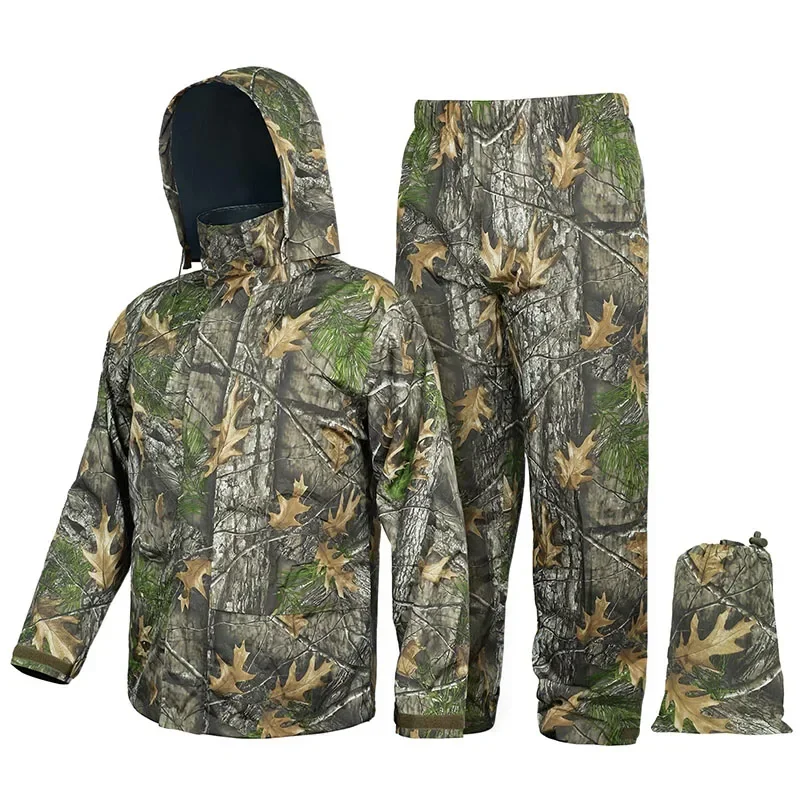 210T PU Coated Light Weight Rain Jacket Pants Waterproof Camouflage Hiking Outdoor Hunting Suit Fishing Jacket Trousers Raincoat raincoat poncho hunting jacket
