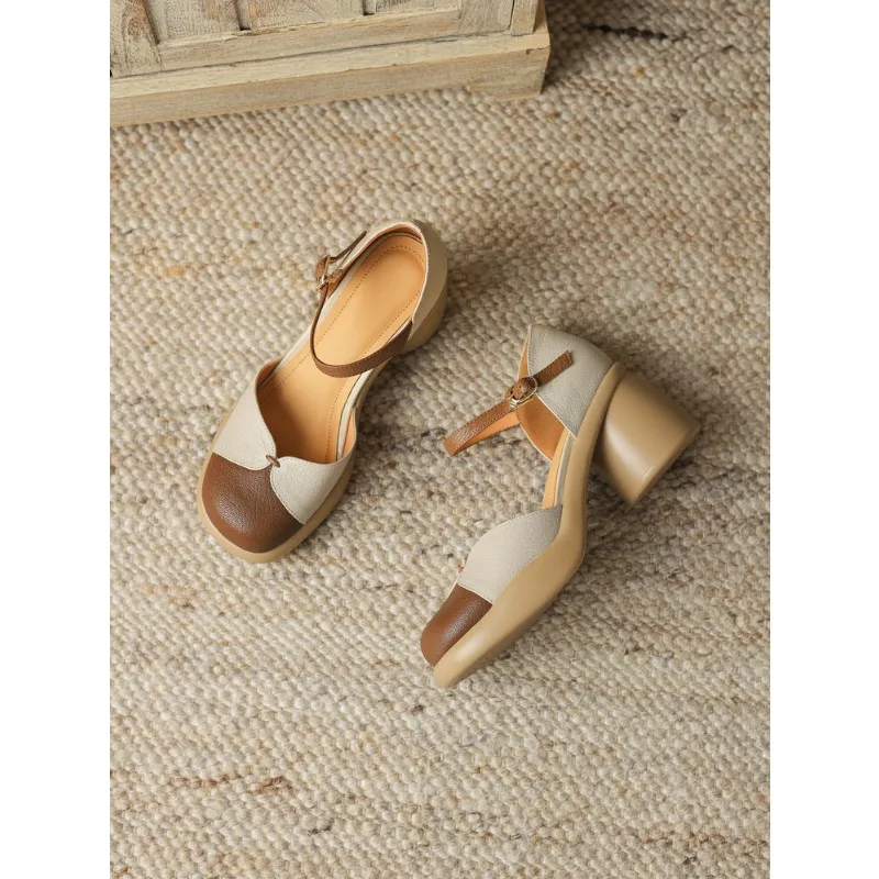 Retro genuine leather hollowed out high thick heels with thick soles, one line buckle, wrapped toe sandals for women