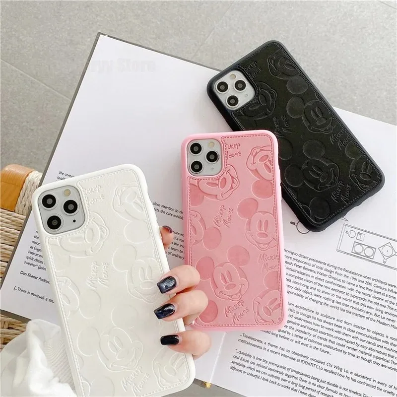 Disney Mickey Shell for IPhone 15 14 13 12 11 Promax Cute Cartoon Back Cover Soft Cover Leather Case for IPhone Couple Gifts