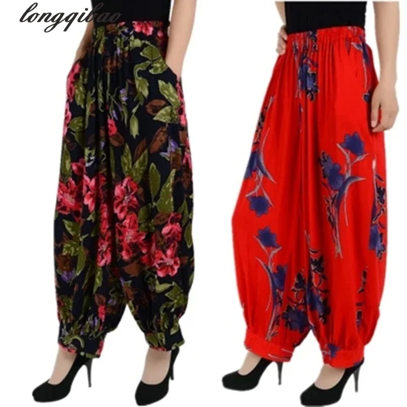 

Large size cotton national wind flower pants long pants loose straight jeans pantyhose mother dress bloomers female thin section