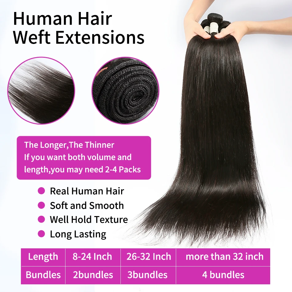 30 40Inch Brazilian Remy Double Weft Bone Straight Bundles Raw Virgin Human Hair Extensions Quick Weaves