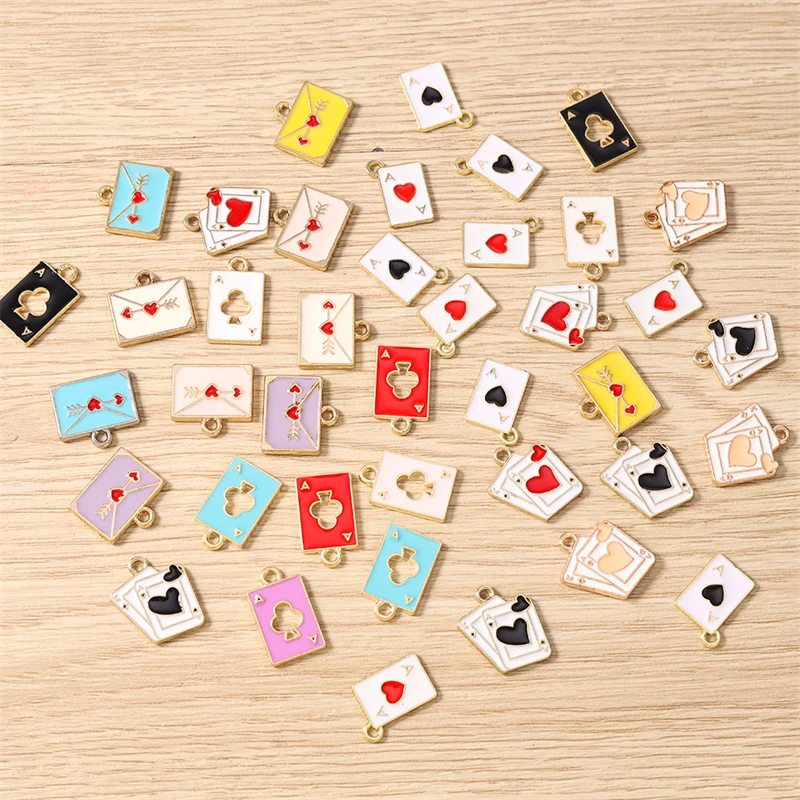 10 Stück niedliche Emaille-Herz-Anhänger im Poker-Umschlag-Design, passend für Halsketten, Ohrringe, Armbänder, DIY-Bastelarbeiten, Schmuckherstellung, Zubehör