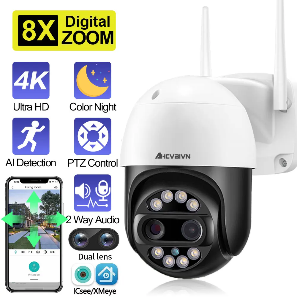 

8MP 4K Outdoor Wifi IP Camera 8x Zoom Dual Lens 2Way Audio Video Surveillance PTZ Camera HD Wireless Human Detect CCTV Cam iCsee