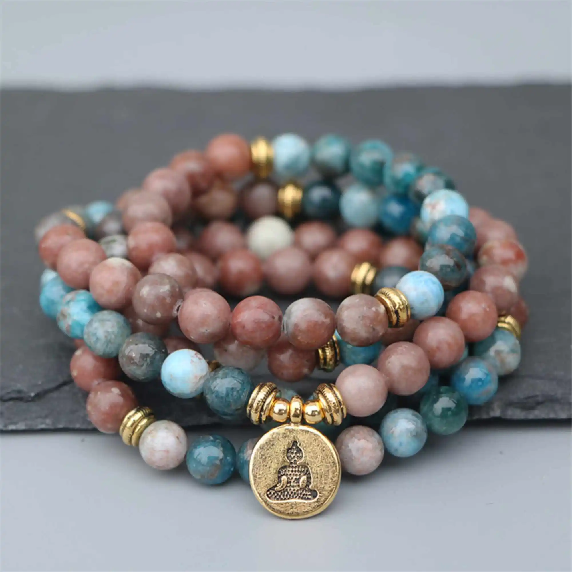 8mm 108 beads mixed colors apatite Mala bracelet lotus Buddha pendant Bohemian Buddhist Peace Health Women
