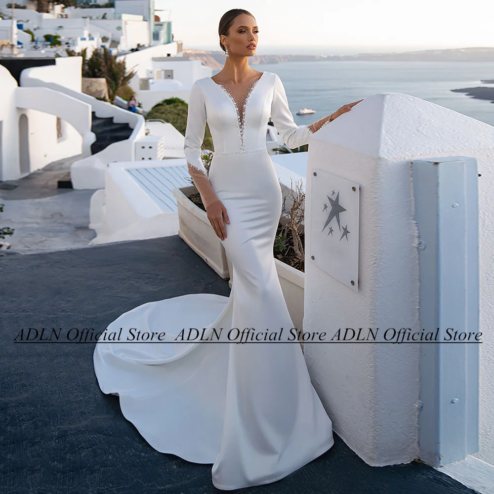 

Elegant Satin Mermaid Wedding Dress Long Sleeves V Neck Beading Sequined Backless Sweep Train Vestido De Noiva Bridal Gowns