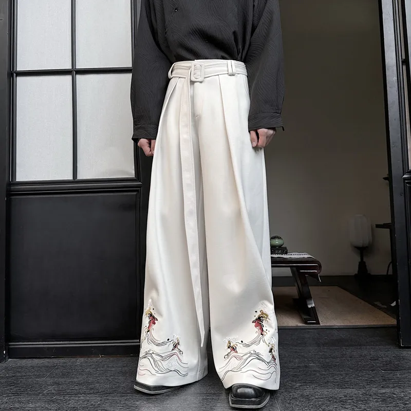 パンツ メンズ 中国風刺繍 ワイドレッグ フロアレングス 2色 メンズワイドレッグパンツ,刺grade,チャイニーズスタイル