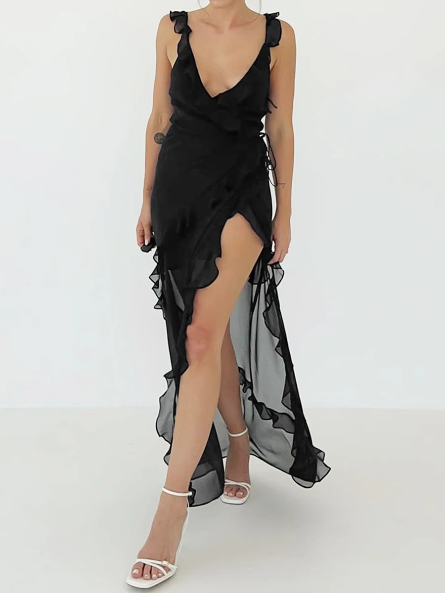 

Women Sleeveless Long Dress Ruffled Trim Solid Color V-Neck Casual High Split Party Dress for Cocktail Summer Streetwear