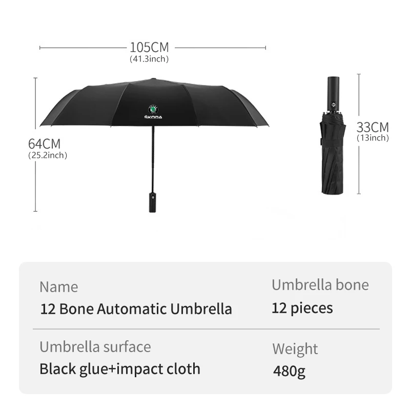 For Skoda 12 Bone Car Automatic Folding Umbrella Sunshade Accessories Rapid Kodiaq Karoq Fabia Kamiq MK3 Roomster Enyaq