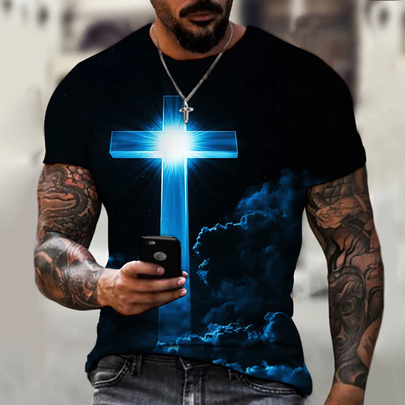 Camiseta de manga curta grande masculina, Deus, Religião, Cristo, Estampa Cruz de Jesus, gola redonda, moda casual, roupa de verão 11 Sf68b4e68fc044d20a7eb1995dada88b1U