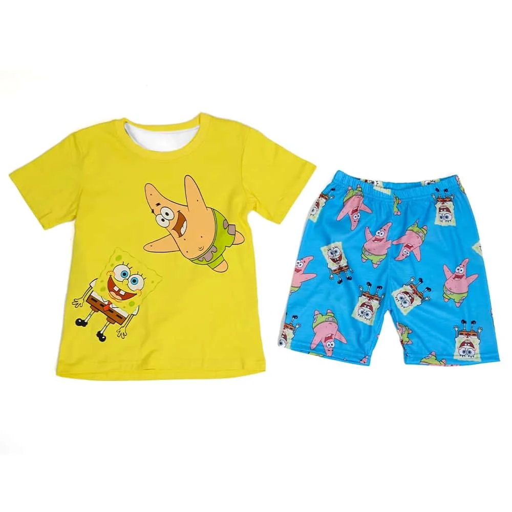 SpongeBob SquarePants Erkek Tişört 3D Baskılı Sevimli Çocuk Giyim 2 parçalı Set Yaz Kısa Kollu Tişört Şort