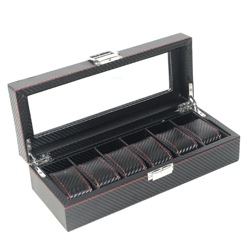 

Carbon Fiber Leather Watch Box Can Store 6 Watches High Quality Black Watch Box Wood Materials Display Independent Packaging