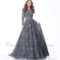Exquisite Shiny Lace A-Line Prom Dress Scoop Neck Long Sleeves Illusion Tulle Women Floor Length with Beading Belt Party Gowns - Image 3