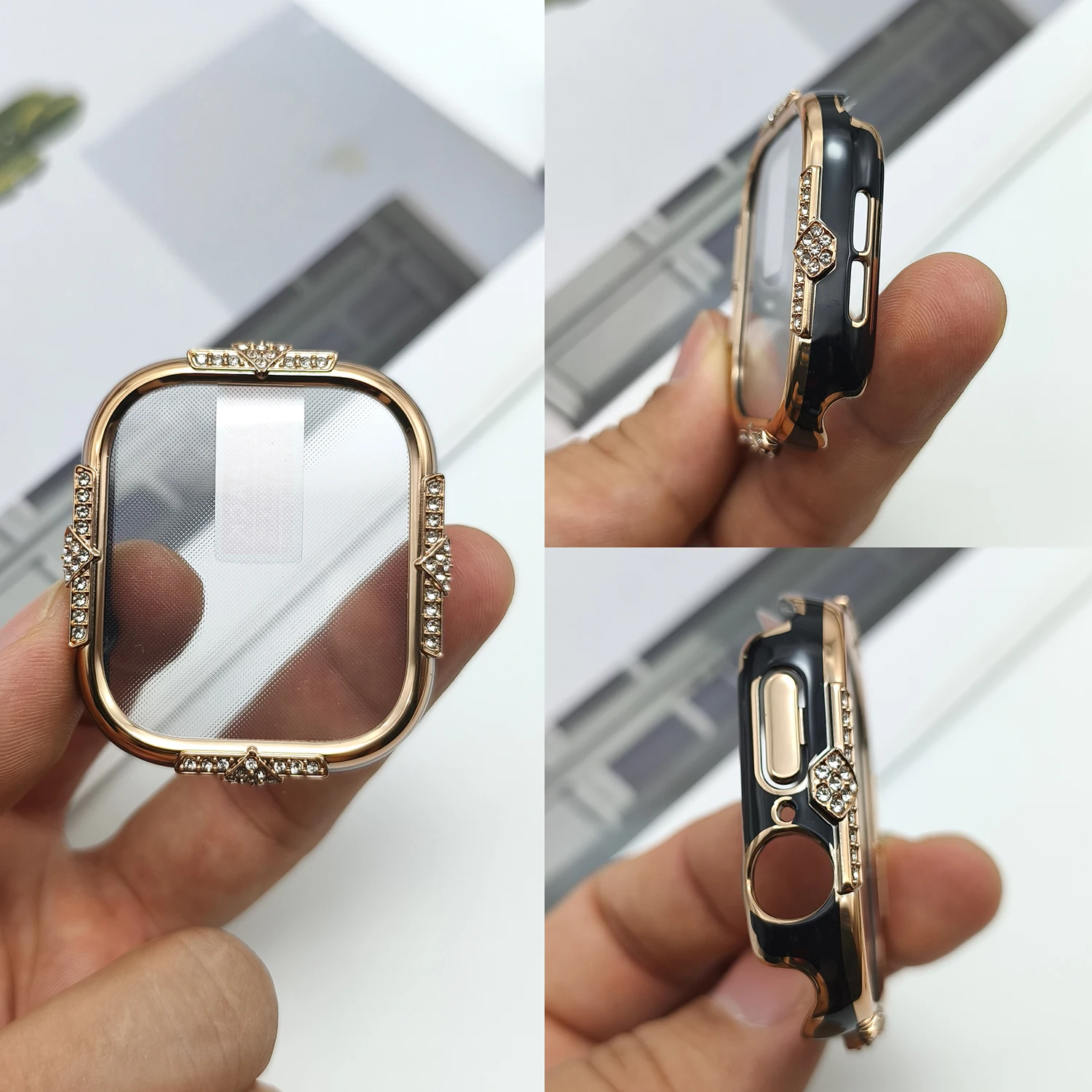 Elegant Four-Sided Diamond Inlaid PC Watch Protective Case with Shell Film