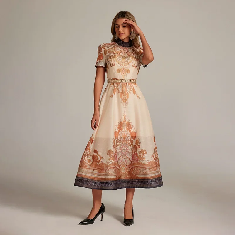 Retro Court Style Paisley Print Short Sleeve Long Dress Vintage Floral Cotton Maxi Dress for Women Baby Clothes Children's Shoes