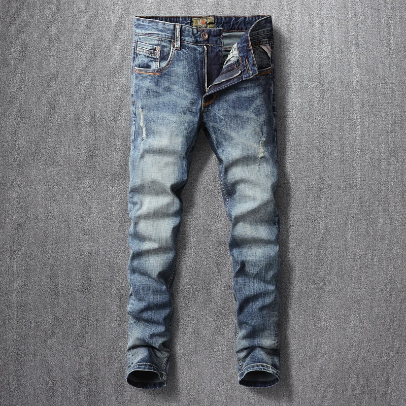 Newly Designer Fashion Men Jeans Retro Blue Elastic Slim Fit Ripped Jeans Men Cotton Denim Trousers Vintage Casual Pants Hombre european vintage fashion men jeans distressed wash elastic cotton slim fit ripped jeans men retro designer casual denim pants