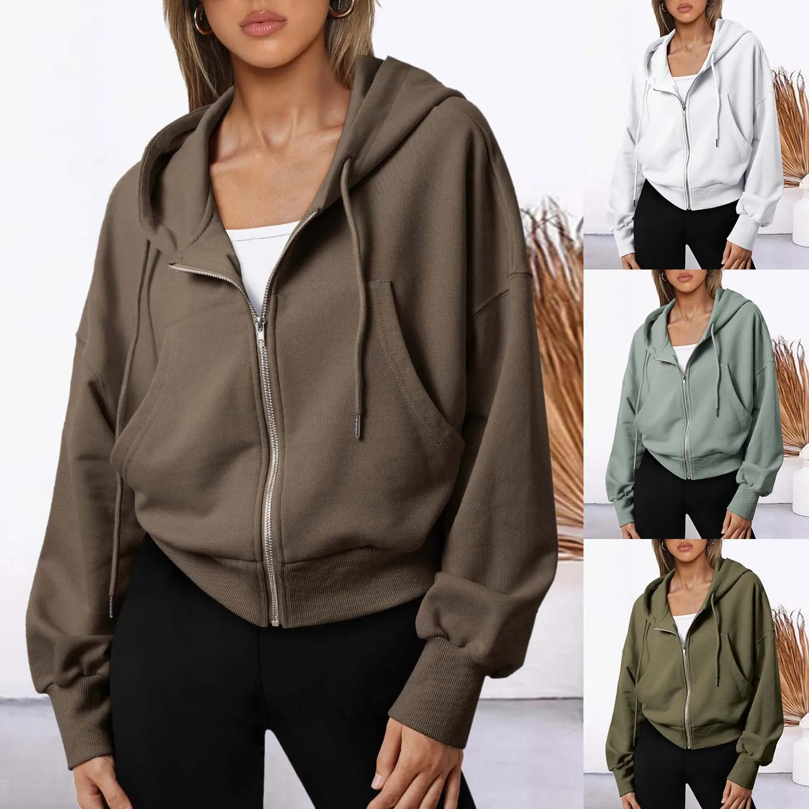 

Women Hoodies Solid Color Zip Up Pocket Oversized Harajuku Korean Sweatshirts Female Long Sleeve Hooded Streetwear Casual Top