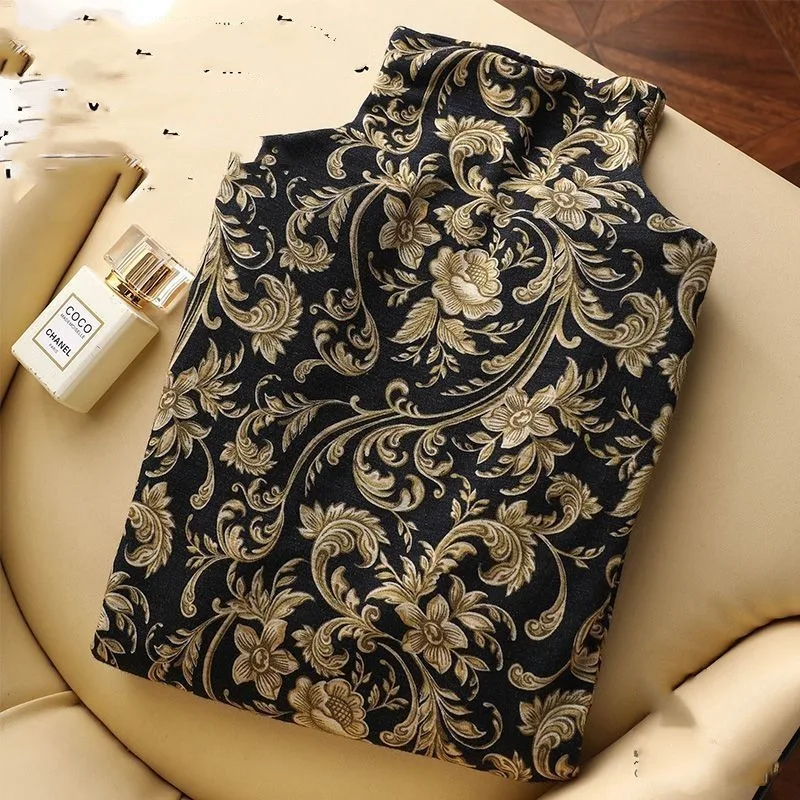 

Spring and Autumn Women's Solid Color Print Pullover High Neck Long Sleeve Loose Fit Bottom Shirt Fashion Casual Elegant Tops