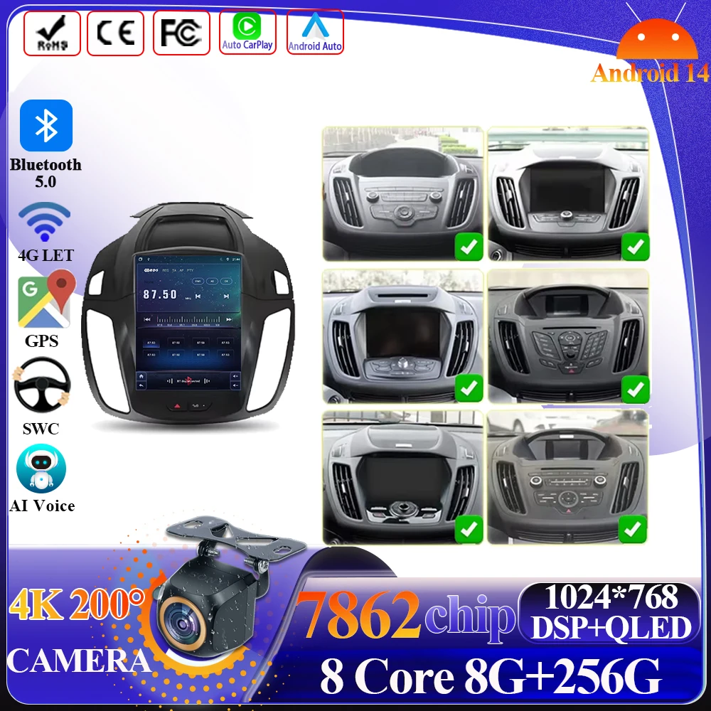 Wireless Android 14 Carplay 9.7 Inch for Ford Kuga 2 Escape 3 2012 -