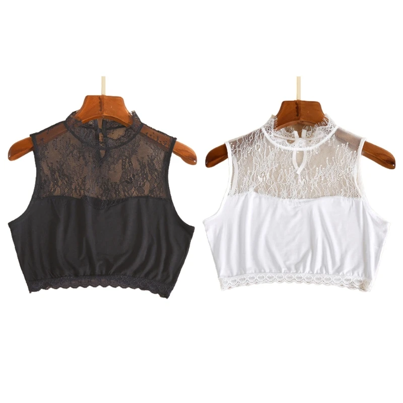 

Women Eyelash Stand Collar Faux Collar Half Shirt Floral Lace Splicing Crop Top