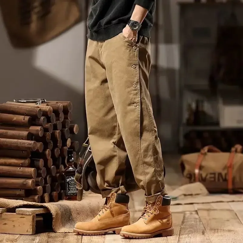 

Loose Casual Fashion All-match Vintage Lantern Pants Men Elastic Waist Buttons Cotton Sweatpants Solid Button Pockets Trousers