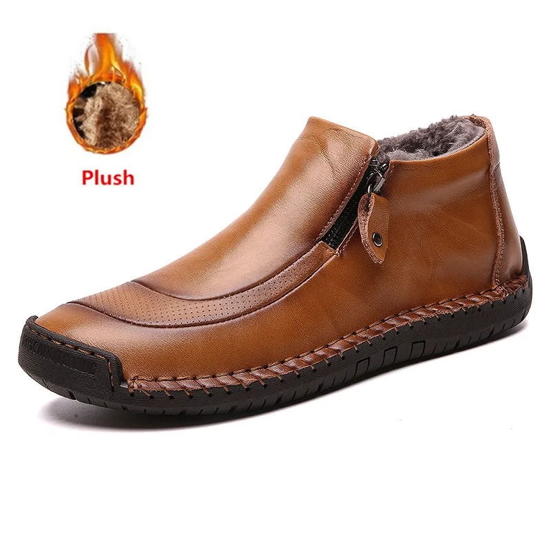 

New Fashion Men Boots High Quality Split Leather Ankle Snow Boots Shoes Warm Fur Plush Winter Shoes Plus Size 38-48