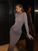 kliou Shirring Women Classic Maxi Dress Autumn New Solid Long Sleeve High Collar Body-shaping Vestidos Mujer Concise Trend Robe 1